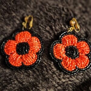 Handcrafted Black Red Beaded Flower Clip-on Backings Earrings